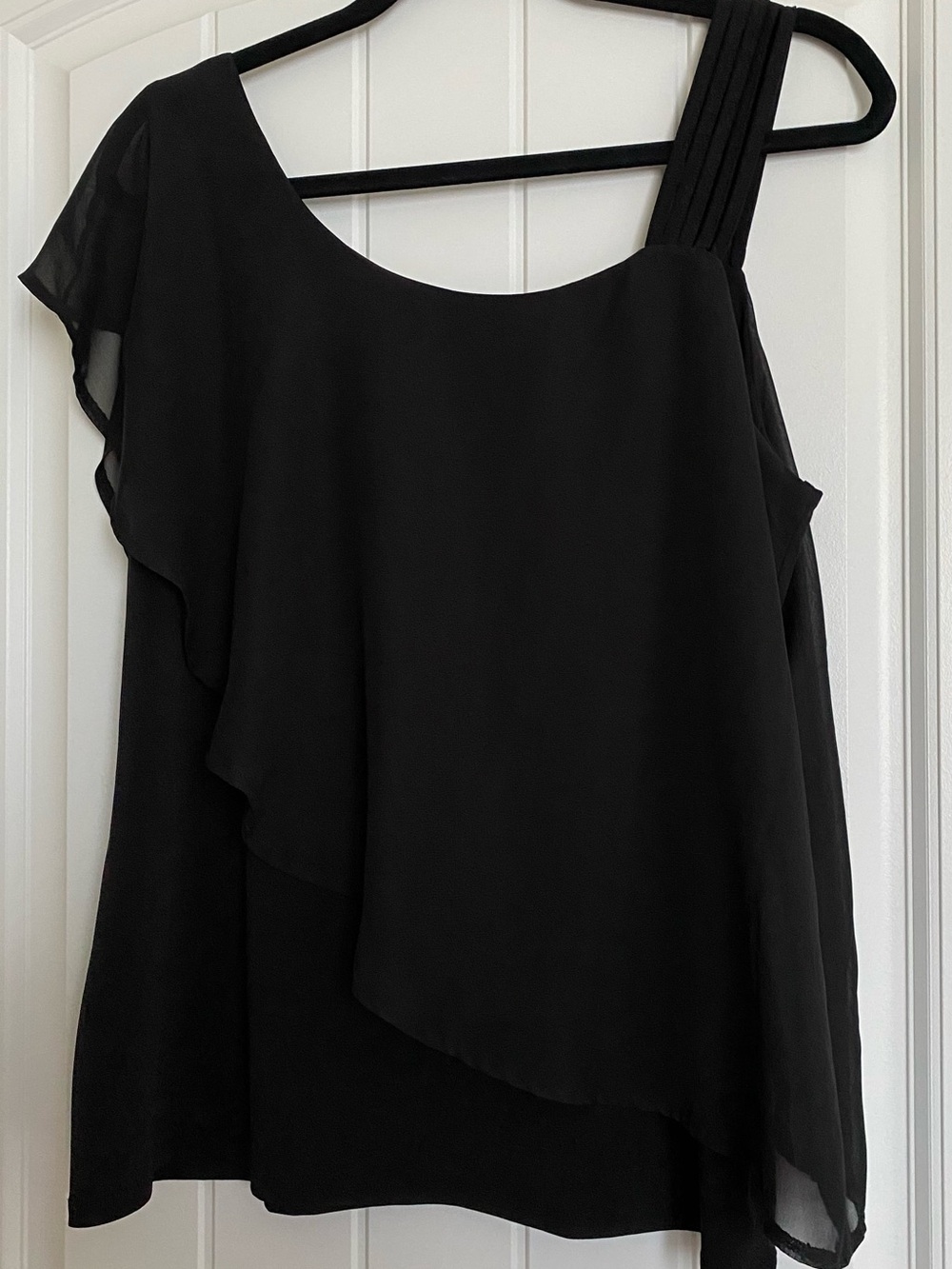 Belldini Black One-Shoulder Ruffled Top with Rhinestone Strap - Picture 2 of 4